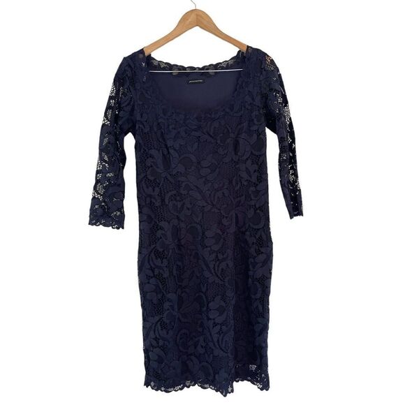 Josie Natori Dresses & Skirts - Josie Natori Lace Overlay Dress Midnight Blue 3/4 Sleeve Dress Size M